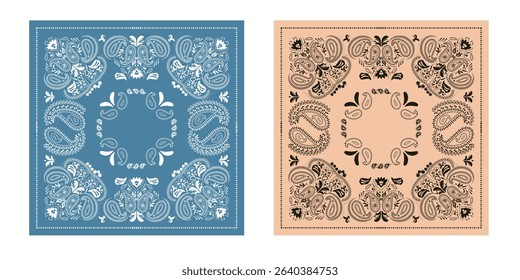 Set of western bandanas. Paisley pattern for scarves, fabric, and textile backgrounds. Retro bandana prints in blue and red tones, featuring ethnic ornaments and abstract swirls.