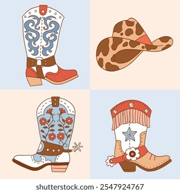 Set of western cowboy boots and hat. Hand drawn rodeo clipart. Perfect for tee shirt logo, greeting card, poster or nursery print design. EPS 10 vector file.