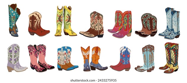 Set of western cowboy boots vector isolated.