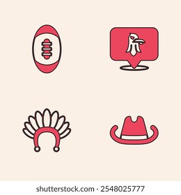 Set Western cowboy hat, American Football ball, Eagle and Indian headdress with feathers icon. Vector