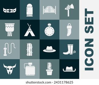 Set Western cowboy hat, Cowboy boot, Tooth, Saloon door, Indian teepee wigwam, Drum, Kayak canoe and paddle and Canteen water bottle icon. Vector