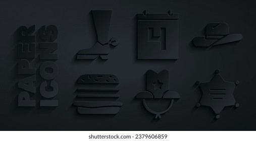 Set Western cowboy hat, Burger, Hexagram sheriff, Calendar with date July 4 and Cowboy boot icon. Vector
