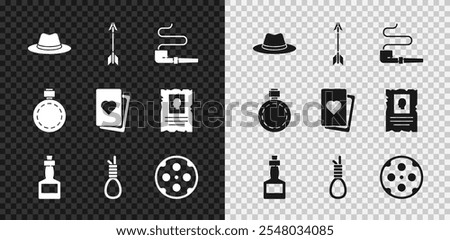 Set Western cowboy hat, Crossed arrows, Smoking pipe, Tabasco sauce, Gallows rope loop hanging, Revolver cylinder, Canteen water bottle and Deck of playing cards icon. Vector