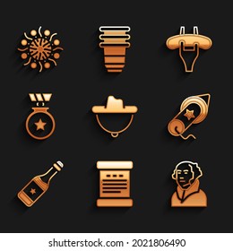 Set Western cowboy hat, Declaration of independence, George Washington, Firework, Champagne bottle, Medal with star, Sausage the fork and  icon. Vector