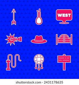 Set Western cowboy hat, Dream catcher with feathers, Road traffic signpost, Saloon door, Leather whip, Spur, Pointer to wild west and Crossed arrows icon. Vector