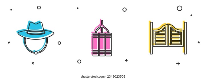 Ponga sombrero de vaquero occidental, bomba dinamita e icono de la puerta de Saloon. Vector