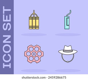 Set Western cowboy hat, Dynamite bomb, Revolver cylinder and  icon. Vector
