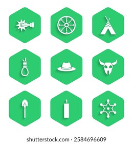 Set Western cowboy hat, Dynamite bomb, Hexagram sheriff, Buffalo skull, Shovel, Gallows rope loop hanging, Indian teepee or wigwam and Spur icon. Vector