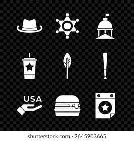 Set Western cowboy hat, Hexagram sheriff, White House, USA Independence day, Burger, Calendar with date July 4, Paper glass straw and Indian feather icon. Vector