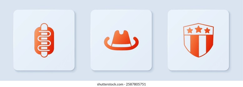 Set Western cowboy hat, Hotdog sandwich and Shield with stars. White square button. Vector