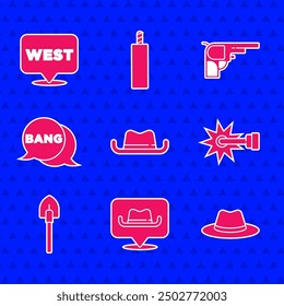 Conjunto sombrero de vaquero occidental, Locación, espolón, pala, Bang boom, pistola Comic, revólver y puntero al icono del salvaje oeste. Vector