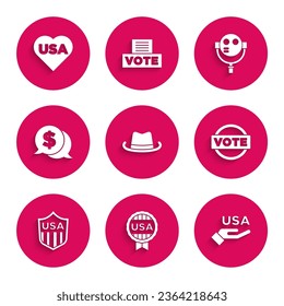 Set Western cowboy hat, Medal with star, USA Independence day, Vote, Shield stars, Coin money dollar, Tourist binoculars and  icon. Vector