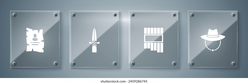 Set Western cowboy hat, Pan flute, Dagger and Wanted western poster. Square glass panels. Vector
