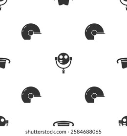 Set Western cowboy hat, Tourist binoculars and Baseball helmet on seamless pattern. Vector