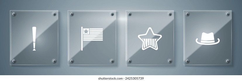 Set Western cowboy hat, USA Independence day, American flag and Baseball bat. Square glass panels. Vector