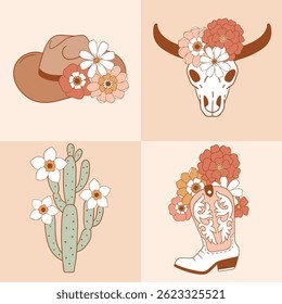 Set of western cowgirl accessory. Hand drawn vector girly rodeo clipart. Succulent and cactus arrangement. Perfect for tee shirt logo, greeting card, poster or nursery print design. EPS 10 vector file