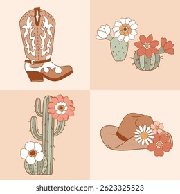 Set of western cowgirl accessory. Hand drawn vector girly rodeo clipart. Succulent and cactus arrangement. Perfect for tee shirt logo, greeting card, poster or nursery print design. EPS 10 vector file