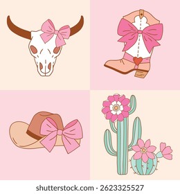 Set of western cowgirl accessory. Hand drawn vector girly rodeo clipart. Perfect for tee shirt logo, greeting card, poster or nursery print design. EPS 10 vector file.