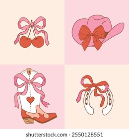 Conjunto de bota de vaquera occidental, sombrero, herradura y cereza con lazo. Dibujado a mano Clipart de rodeo femenino romántico. Perfecto para el logotipo de la camiseta, tarjeta de felicitación, cartel o diseño de impresión de vivero. Archivo de Vector EPS 10.