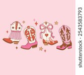 Set of western cowgirl boots with bow. Hand drawn romantic girly Valentine’s Day clipart. EPS 10 vector file. Perfect for tee shirt logo, greeting card, poster or nursery print design. EPS 10 vector.