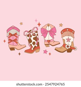 Set of western cowgirl boots with bow. Hand drawn romantic girly Valentine’s Day clipart. EPS 10 vector file. Perfect for tee shirt logo, greeting card, poster or nursery print design. 