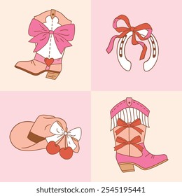 Set of western cowgirl boots, hat, and horseshoe with bow. Hand drawn romantic girly rodeo clipart. Perfect for tee shirt logo, greeting card, poster or nursery print design. EPS 10 vector file.