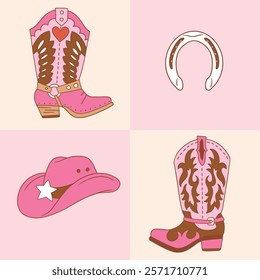 Set of western cowgirl boots and hat. Hand drawn vector romantic girly rodeo clipart. EPS 10 vector file.