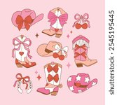 Set of western cowgirl boots and hats with bow. Hand drawn romantic girly Valentine’s Day clipart. Perfect for tee shirt logo, greeting card, poster or nursery print design. EPS 10 vector file.