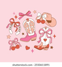 Set of western cowgirl boots and hats with bow. Hand drawn romantic girly Valentine’s Day clipart. Perfect for tee shirt logo, greeting card, poster or nursery print design. EPS 10 vector file.