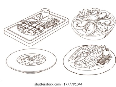 Set of western food in doodle