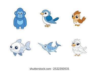 Conjunto de ilustrações de gorila ocidental, Kingbird ocidental, Whinchat, White Marlin, White-eyed Vireo e Wild Boar Vetor - desenhos animados, clipart e desenhos de arte de linha