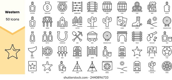 Set of western icons. Simple line art style icons pack. Vector illustration
