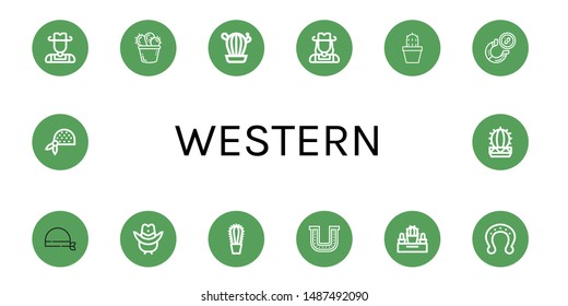 Set of western icons such as Cowboy, Cactus, Cowgirl, Horseshoe, Bandana, Cowboy hat , western