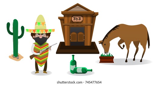 A Set of Western legendary cowboy bandit cartoon vector