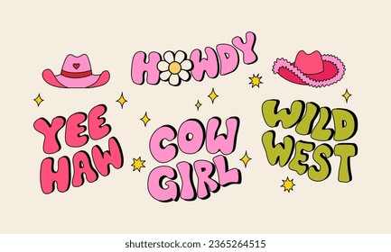 Set of western lettering quotes in retro groovy style. Vector illustration of cowboy hats and text. Howdy, yeehaw, cowgirl and wild west inscriptions