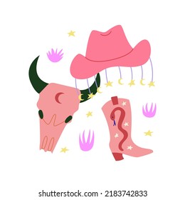 Set of western objects. Cowboy hat, bull skull, cowboy boots, stars and grass. Vector flat illustration on isolated background.