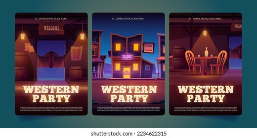 Set of western party invitation templates. Cartoon illustration of theme event flyer with retro saloon building and interior, bottle of alcohol on table, wooden barrels in vintage american tavern