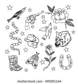Set of western patches elements. Set of stickers, pins, patches and handwritten notes collection in cartoon 80s-90s comic style.Vector stikers kit