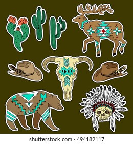 Set of western patches elements. Set of stickers, pins, patches and handwritten notes collection in cartoon 80s-90s comic style.Vector stikers kit