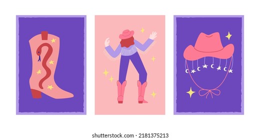 Set of western posters in disco party style. Vector illustration with dancing cowgirl, cowboy boots and hat. 
