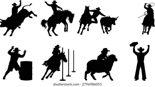 Set of western rodeo silhouettes featuring cowboys, horses, cattle, barrel racing, roping, and ranch competition activities. Perfect for sports graphics, event promotions, apparel designs, logos, and country-themed creative projects.