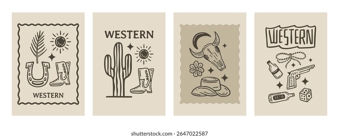 Set of western square posters. Cowboy western and wild west theme. Hand drawn illustrations in sketch style. Trendy design for cards, wall art, branding, and more.