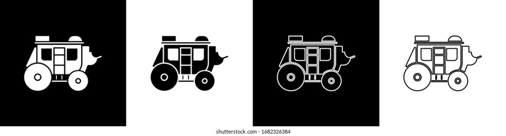 Set Western Stagecoach Icon Isolated On Black And White Background.  Vector Illustration