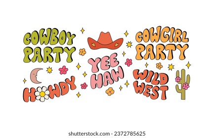 Set of western vector groovy lettering with cowboy hat, cactus and flowers. Wild west, howdy, yeehaw, cowgirl party