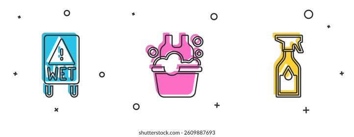 Set Wet floor, Basin with soap suds and Cleaning spray bottle icon. Vector