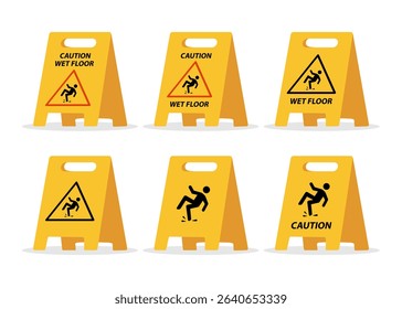 Set of wet floor caution board isolated on white background. Vector stock
