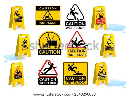 Set of Wet Floor caution sign and water puddle. Template public warning yellow and black symbol, icon. Falling human pictogram. Slippery surface beware plastic board design element. Vector Wet Floor.