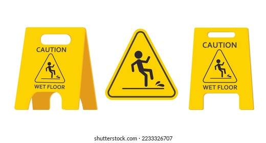 Setzen Sie das Warnschild Nassboden, gelbes Symbol einzeln auf weißem Hintergrund.Kollektion Gelbes Warnsymbol Clipkunst. Vorsicht vor der Kunststoffplatte.