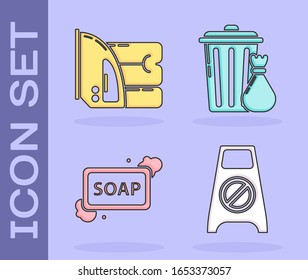 Set Wet floor and cleaning in progress , Electric iron and towel , Bar of soap with foam  and Trash can and garbage bag  icon. Vector