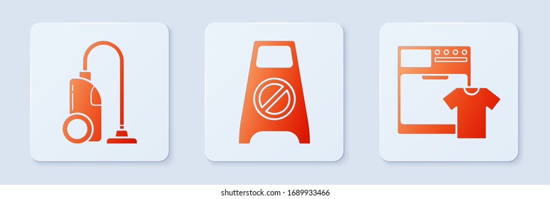 Set Wet floor and cleaning in progress , Vacuum cleaner  and Washer and t-shirt . White square button. Vector